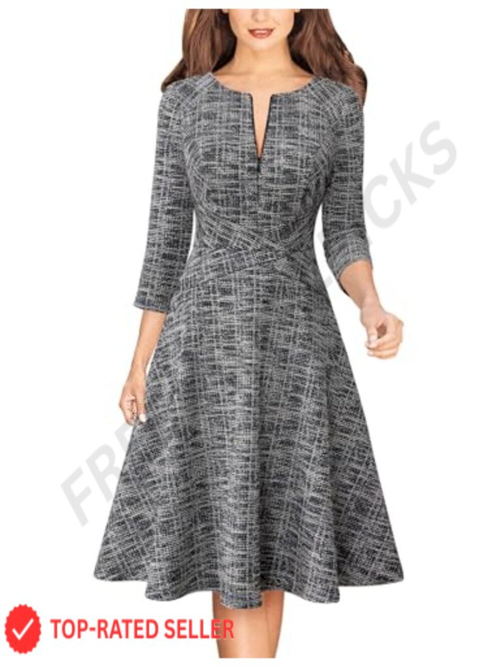 Womens Front Zipper Work Business A Line Knee Length Dress 3/4 Sleeve Office